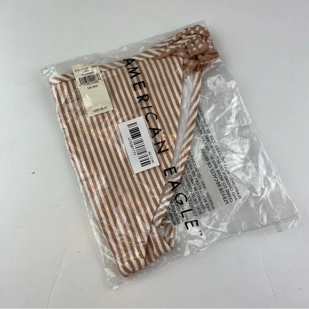 Aerie Seersucker Ruffle Bikini Bottom Textured Tan Stripes Size XXS NWT